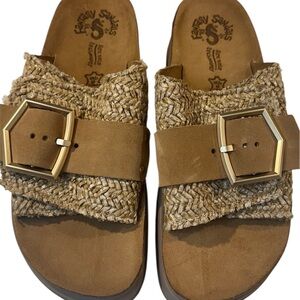 FANTASY SANDALS Tan and Gold Comfort Sandals with Metallic Straps